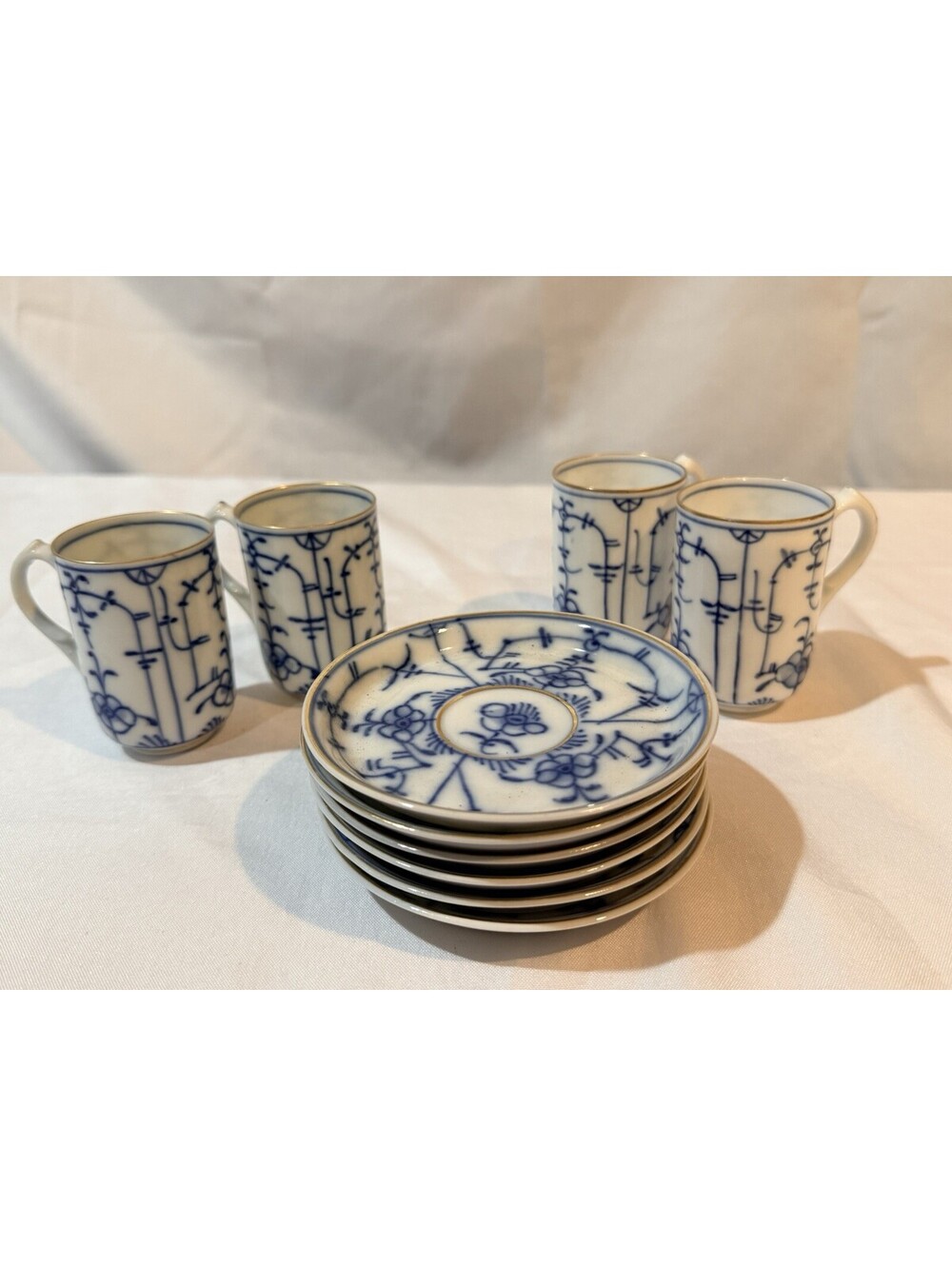 T.S. Germany Blue Onion Demitasse Cups & Saucers Set 4 Cups 6 Saucers Gold Trim